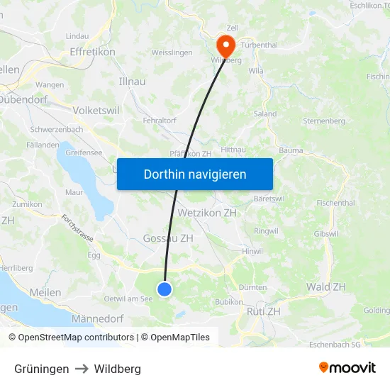 Grüningen to Wildberg map