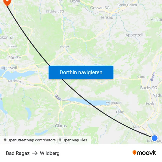 Bad Ragaz to Wildberg map