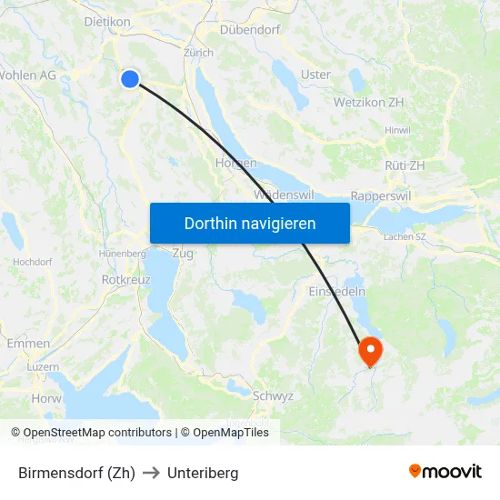 Birmensdorf (Zh) to Unteriberg map
