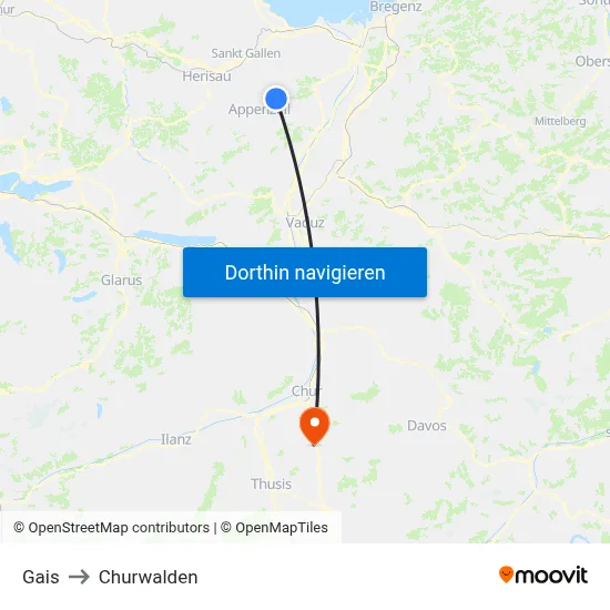 Gais to Churwalden map