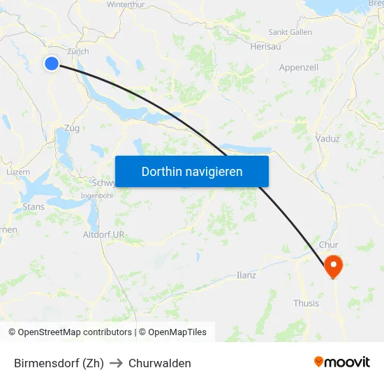 Birmensdorf (Zh) to Churwalden map