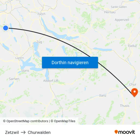 Zetzwil to Churwalden map
