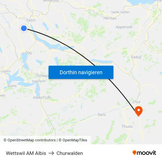 Wettswil AM Albis to Churwalden map