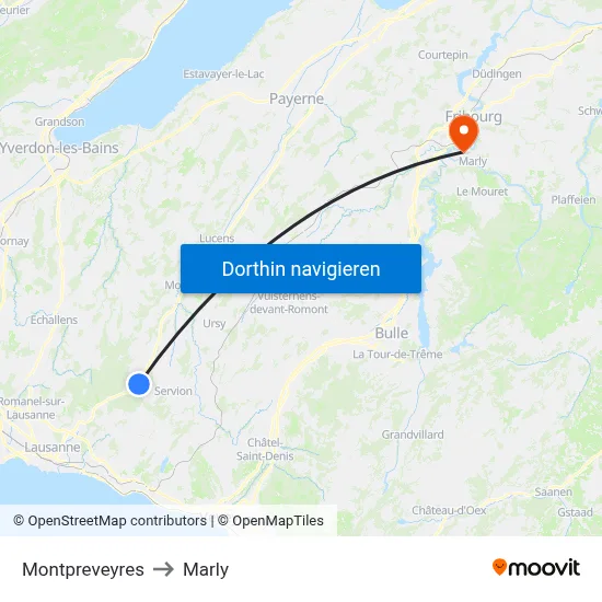 Montpreveyres to Marly map