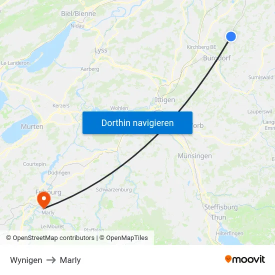 Wynigen to Marly map