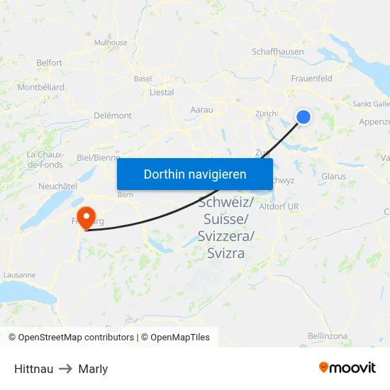 Hittnau to Marly map