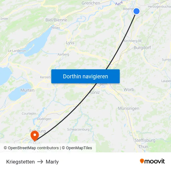 Kriegstetten to Marly map