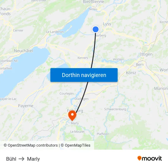 Bühl to Marly map