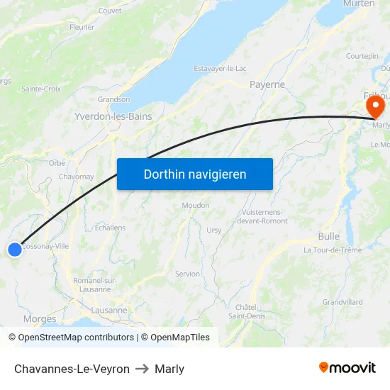 Chavannes-Le-Veyron to Marly map