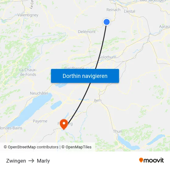 Zwingen to Marly map