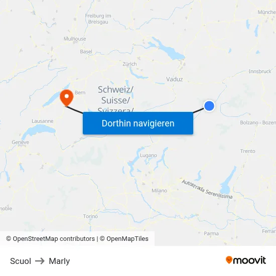 Scuol to Marly map