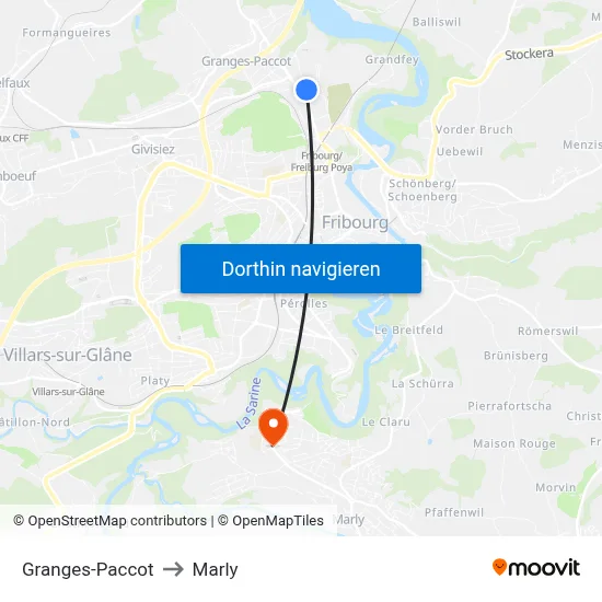 Granges-Paccot to Marly map