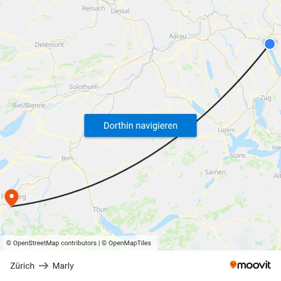 Zürich to Marly map