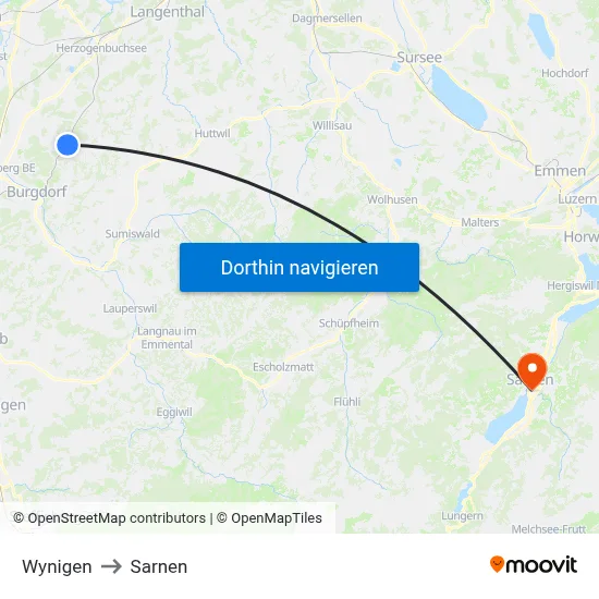 Wynigen to Sarnen map