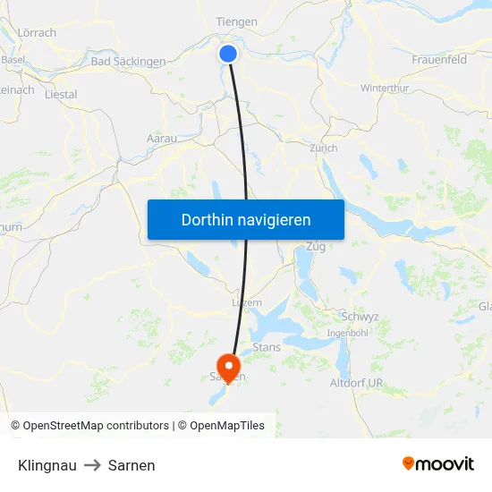 Klingnau to Sarnen map