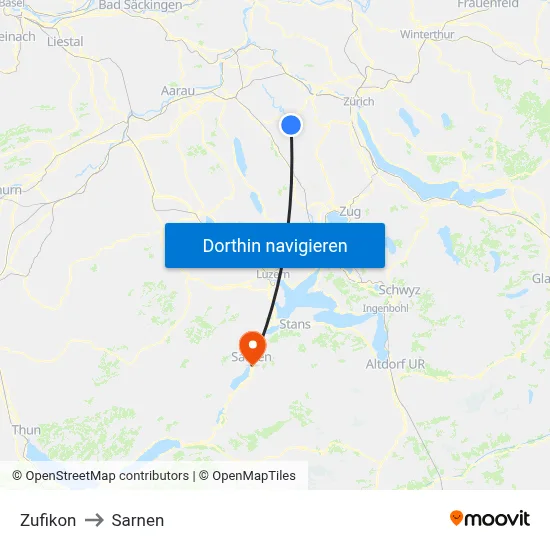 Zufikon to Sarnen map