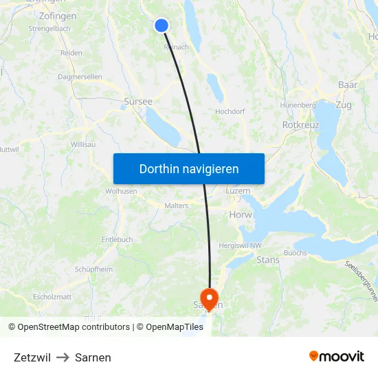 Zetzwil to Sarnen map