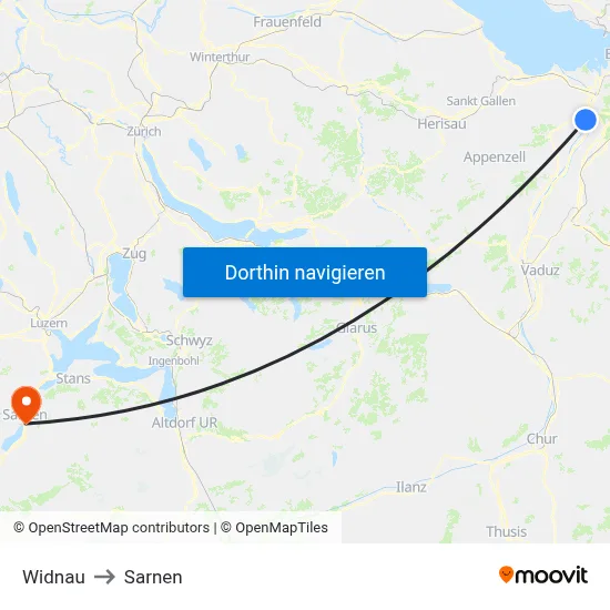 Widnau to Sarnen map