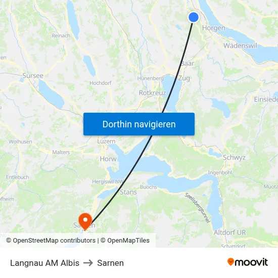 Langnau AM Albis to Sarnen map