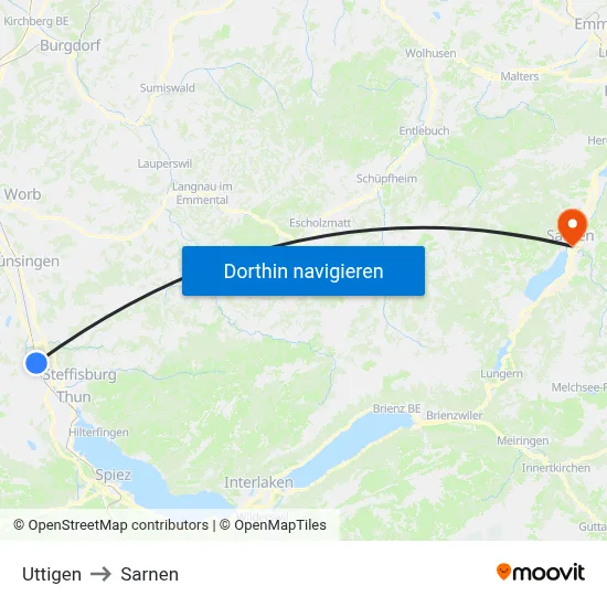 Uttigen to Sarnen map