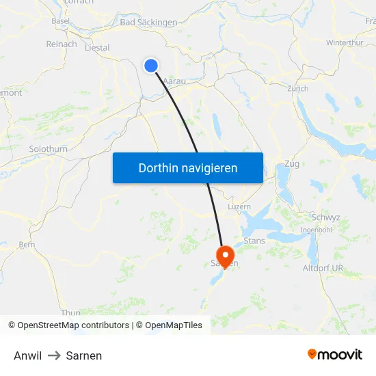 Anwil to Sarnen map