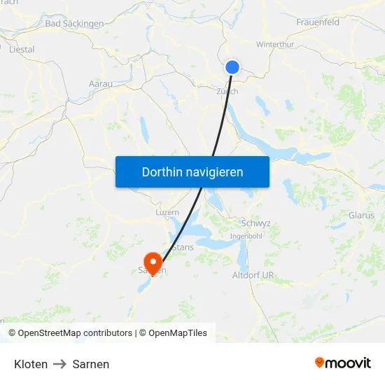 Kloten to Sarnen map