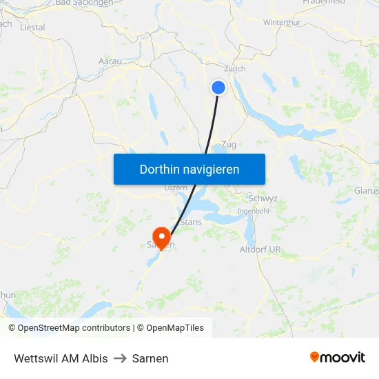 Wettswil AM Albis to Sarnen map