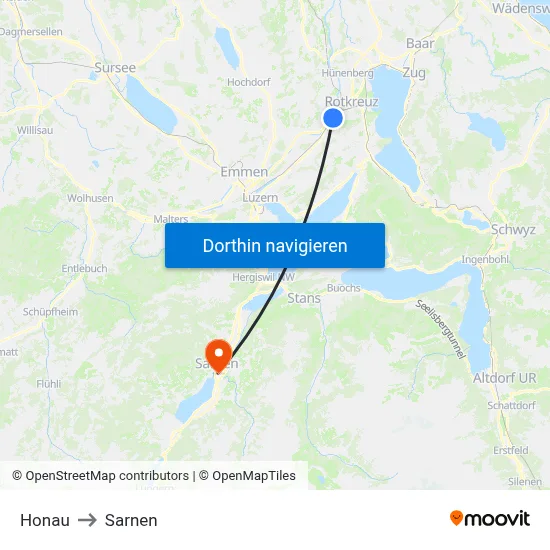 Honau to Sarnen map
