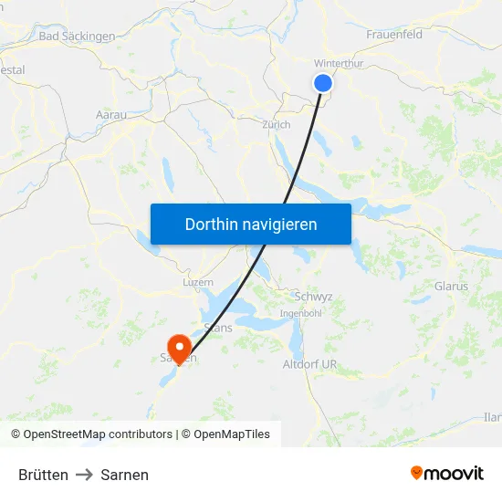 Brütten to Sarnen map