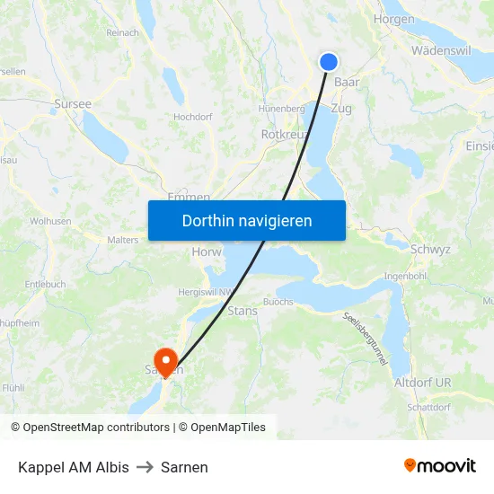 Kappel AM Albis to Sarnen map