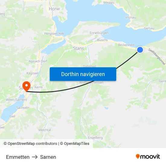 Emmetten to Sarnen map