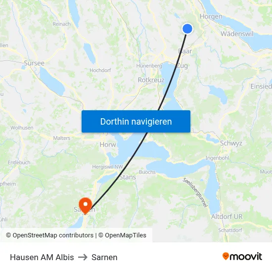 Hausen AM Albis to Sarnen map