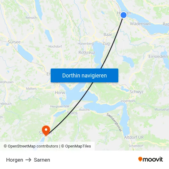 Horgen to Sarnen map