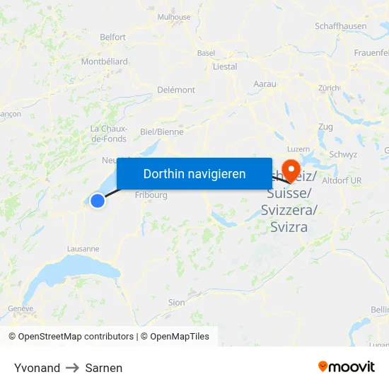 Yvonand to Sarnen map