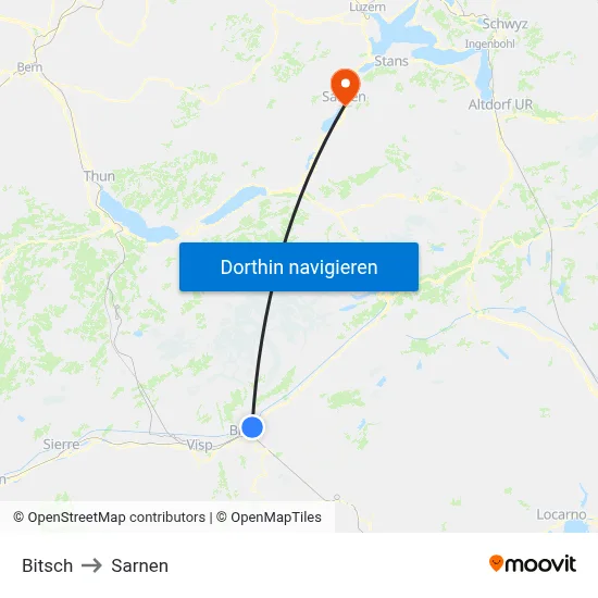 Bitsch to Sarnen map