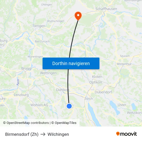 Birmensdorf (Zh) to Wilchingen map