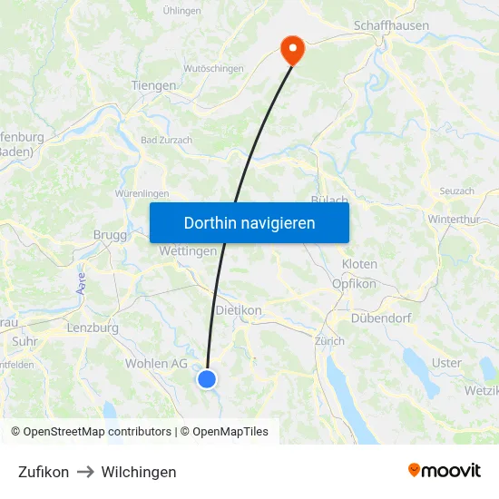 Zufikon to Wilchingen map