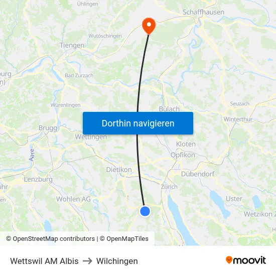 Wettswil AM Albis to Wilchingen map