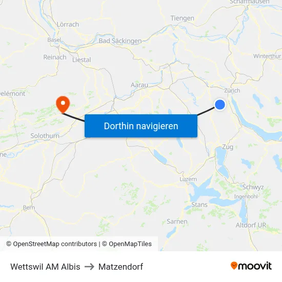 Wettswil AM Albis to Matzendorf map