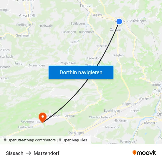 Sissach to Matzendorf map