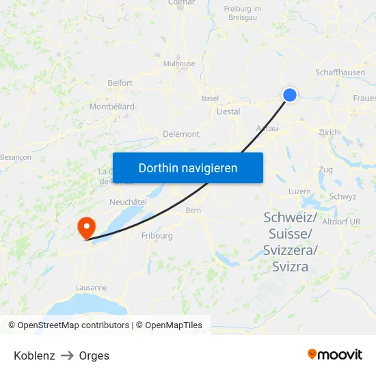 Koblenz to Orges map