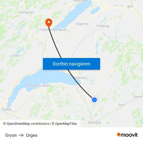 Gryon to Orges map