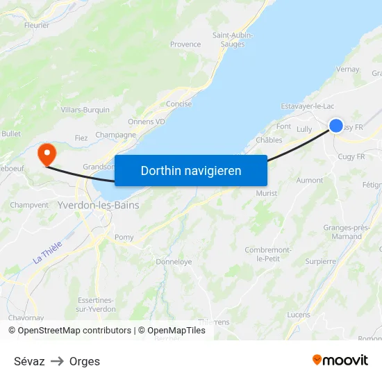 Sévaz to Orges map