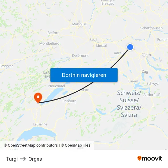Turgi to Orges map