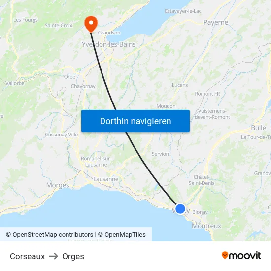 Corseaux to Orges map