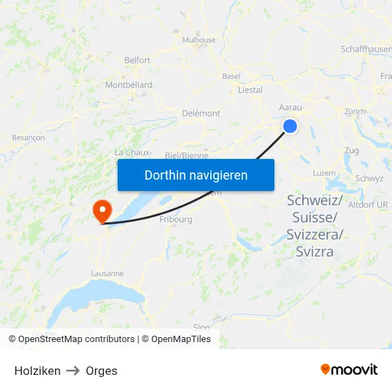 Holziken to Orges map