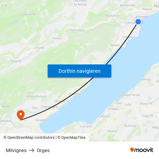 Milvignes to Orges map