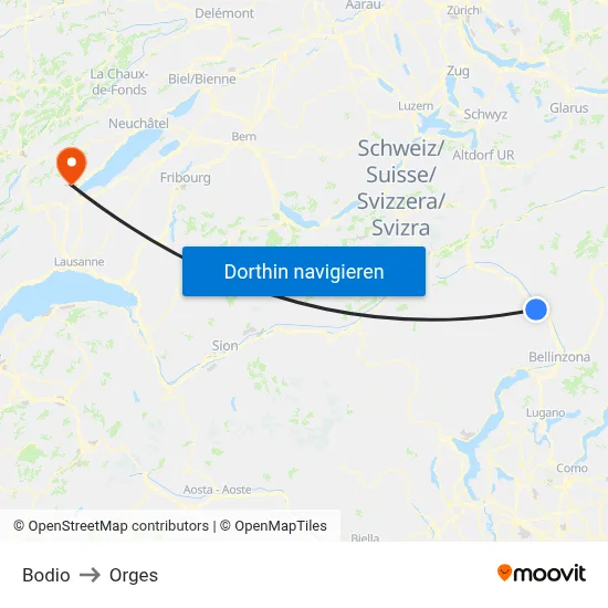 Bodio to Orges map