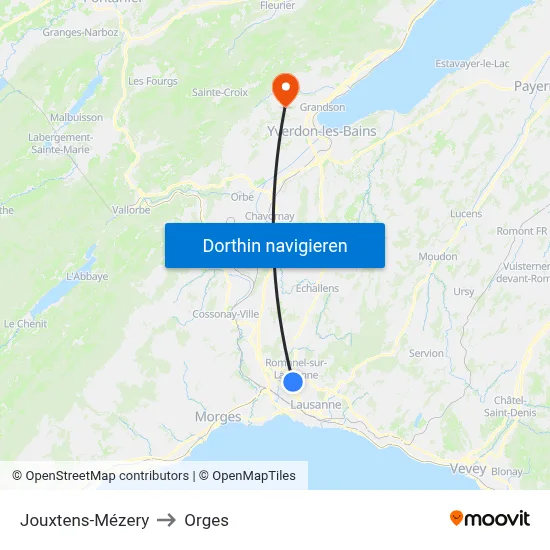 Jouxtens-Mézery to Orges map