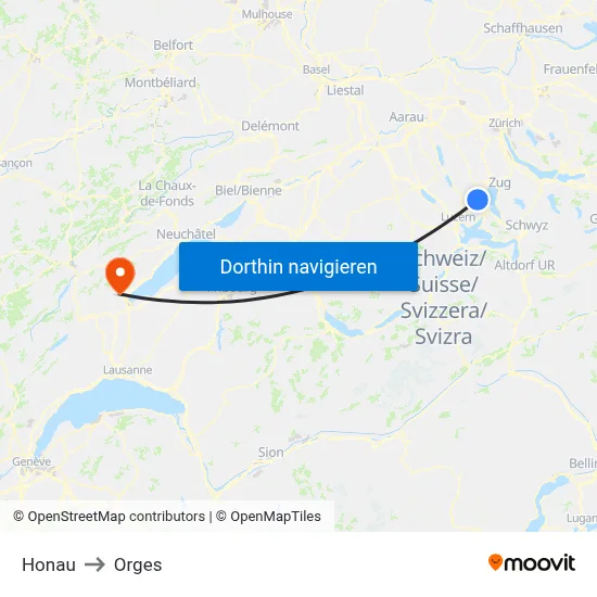 Honau to Orges map